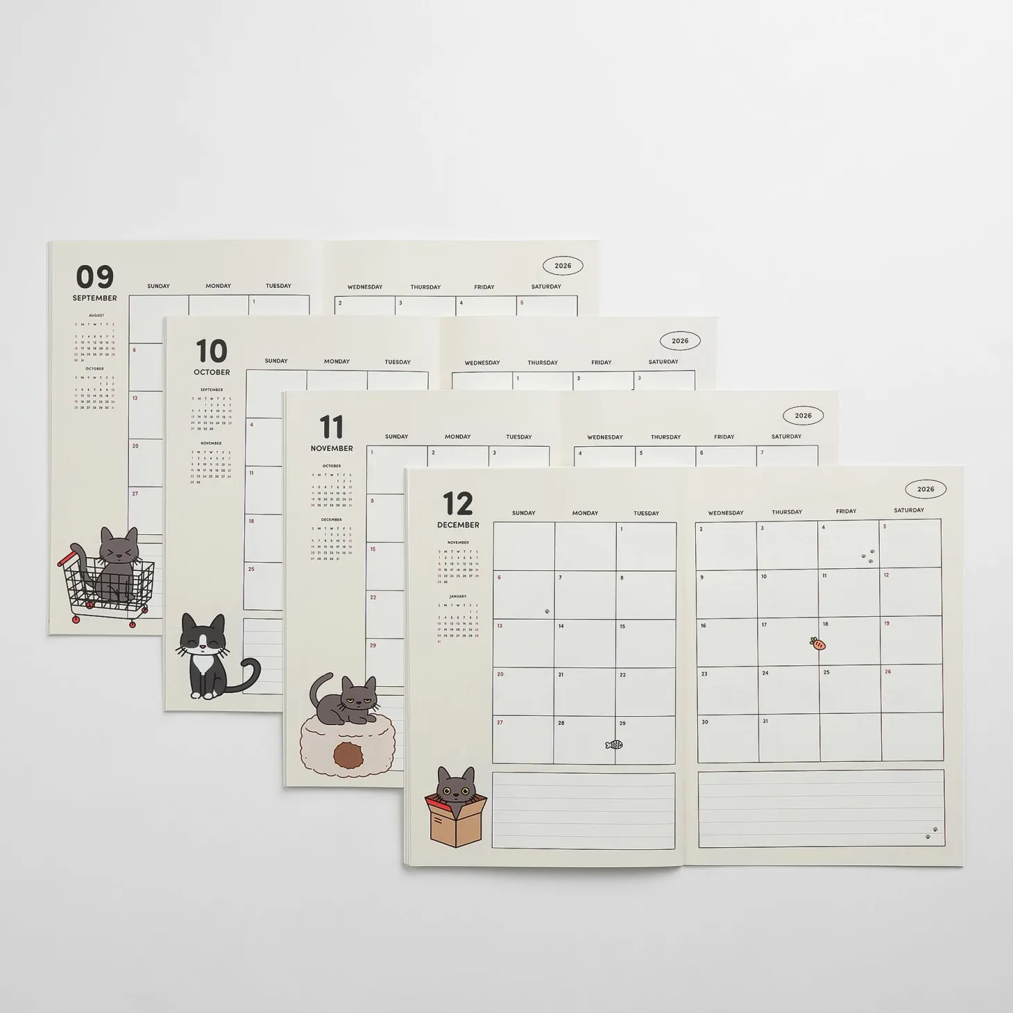 2026 Lana & Tuxedo Cat Monthly Planner