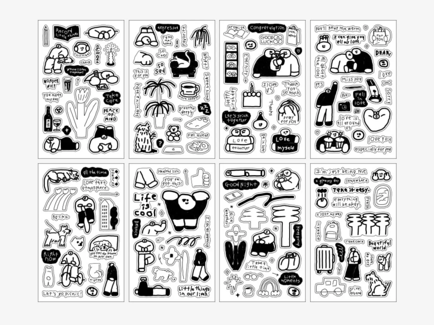 8pcs Little Things Drawing Removable Sticker Set